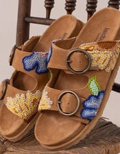 Laidback London Handwoven Crochet Double-Buckle Suede Sandals, Tan (TAN), large