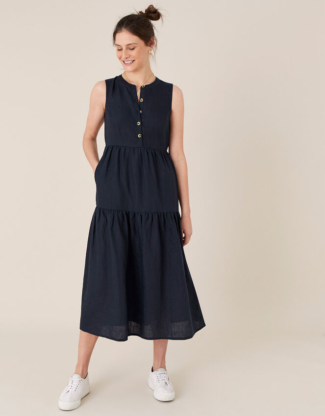 Tiered Midi Dress in Pure Linen, Blue (NAVY), large