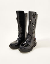 Patent Butterfly Riding Boots, Black (BLACK), large