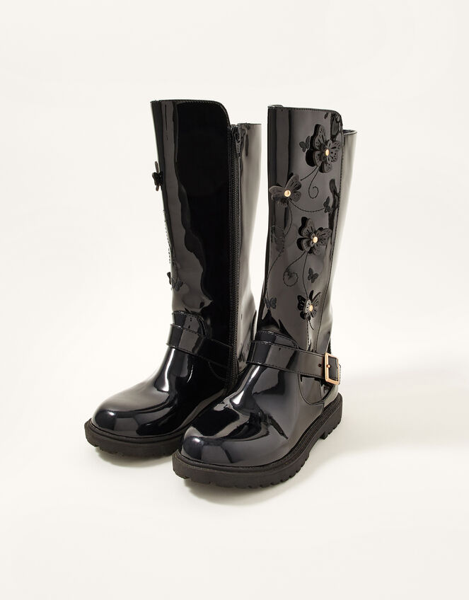 Patent Butterfly Riding Boots, Black (BLACK), large