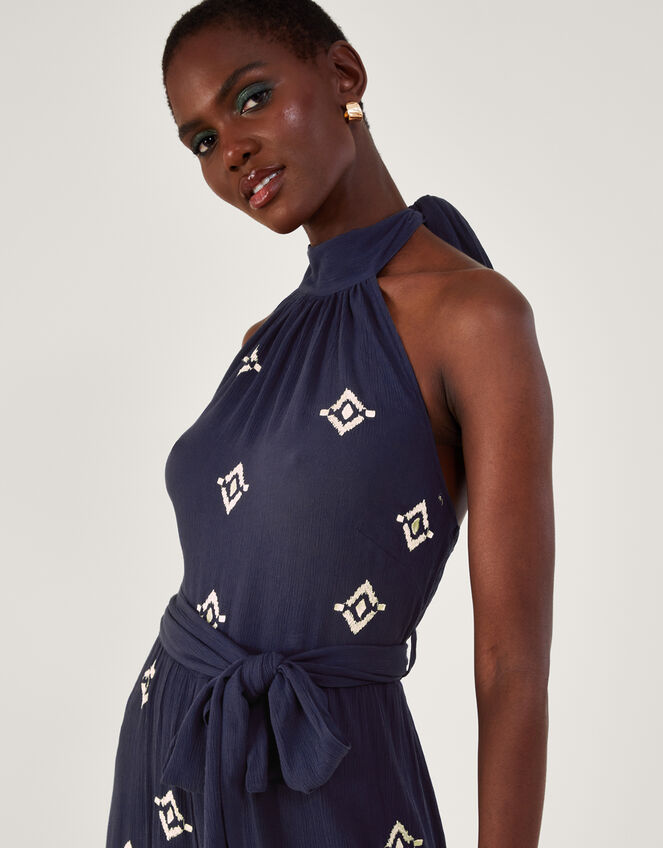 Embroidered Motif Halter Neck Jumpsuit, Blue (BLUE), large