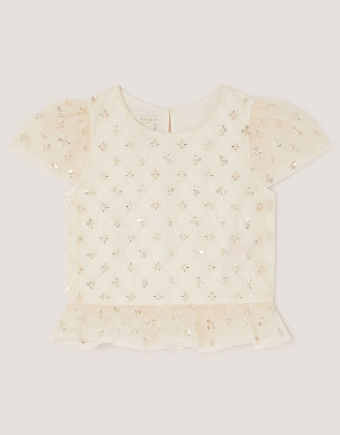 Gracie Embellished Peplum Top , White (WARM IVORY), large