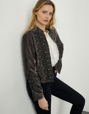 Vicki Embroidered Velvet Military Jacket, Grey (GREY), large