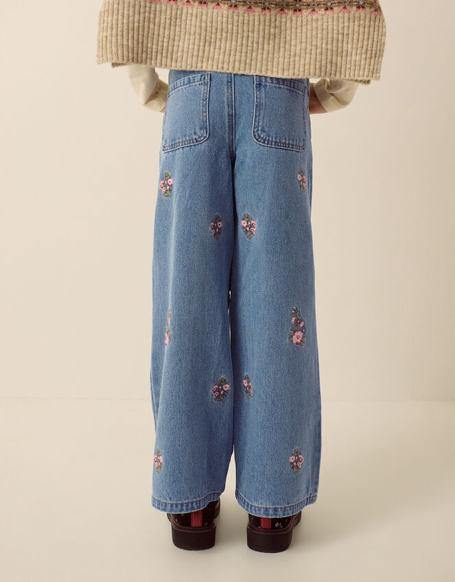 Floral Embroidered Wide Leg Jeans, Blue (BLUE), large