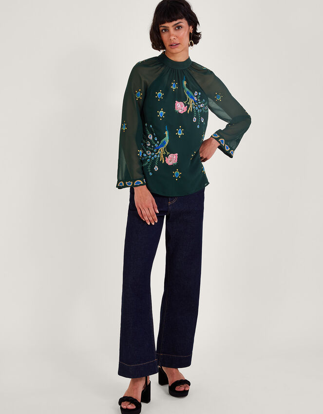 Perla Peacock Embellished Blouse, Green (DARK GREEN), large