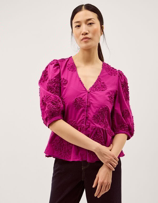Tammy Puff Sleeve Embroidered Top, Pink (BRIGHT PINK), large