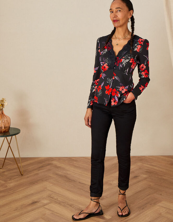 Floral Print Lace Trim Jersey Top, Black (BLACK), large
