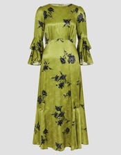 Pelia Satin Ruffle Midi Dress, Green (CHARTREUSE), large