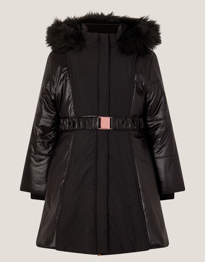 Shine Panel Belted Coat, Black (BLACK), large