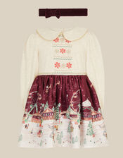 Baby Christmas Scene Dress & Headband, Red (BURGUNDY), large