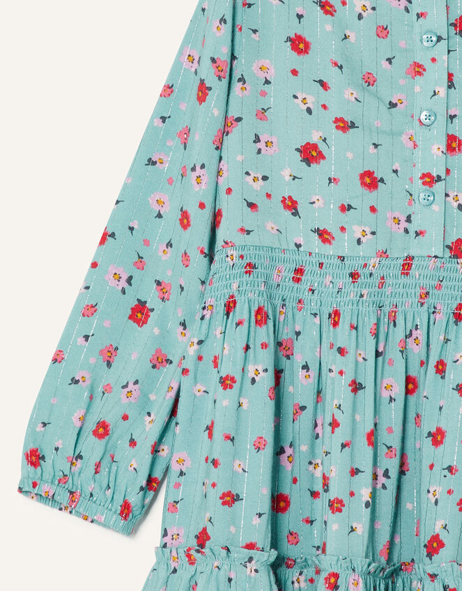 Ditsy Floral Tiered Shirt Dress, Blue (AQUA), large