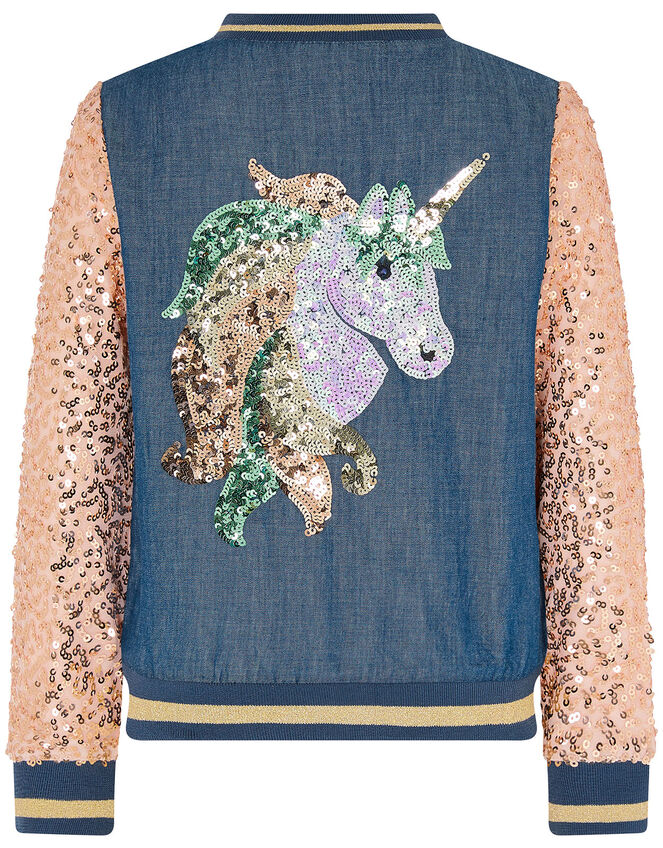 Sequin Unicorn Denim Bomber Jacket, Blue (BLUE), large