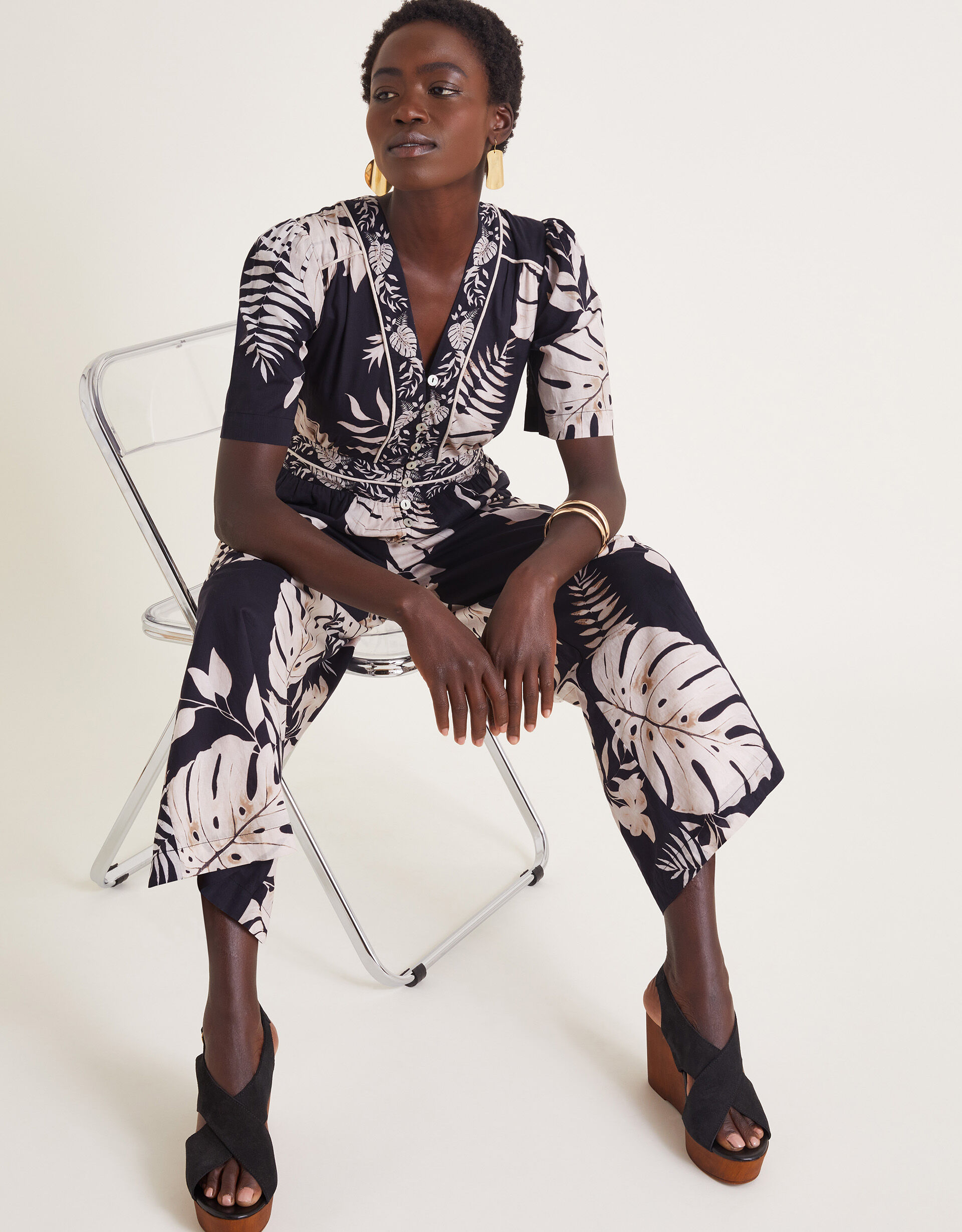 Petra Palm Print Jumpsuit Black