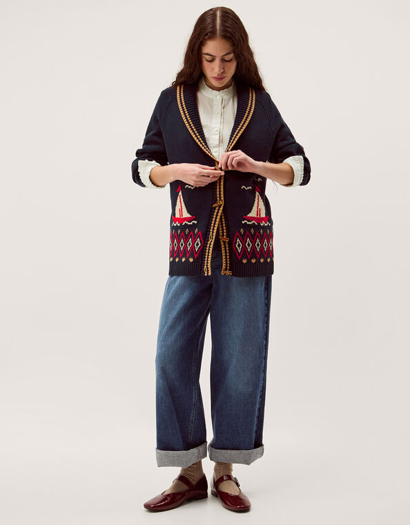 Sapna Intarsia Sailor Cardigan, Blue (NAVY), large