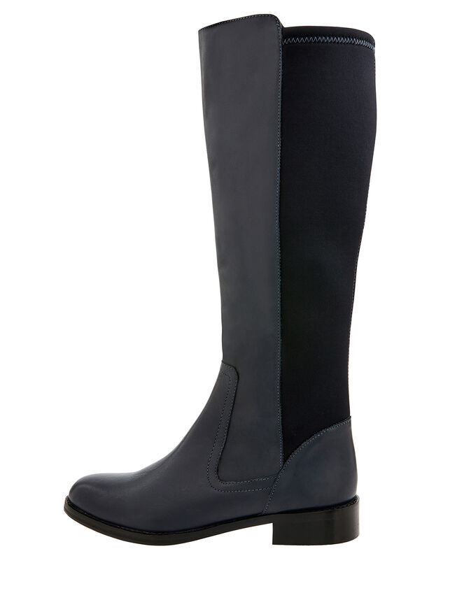 Olive Long Stretch Leather Boots, Blue (NAVY), large