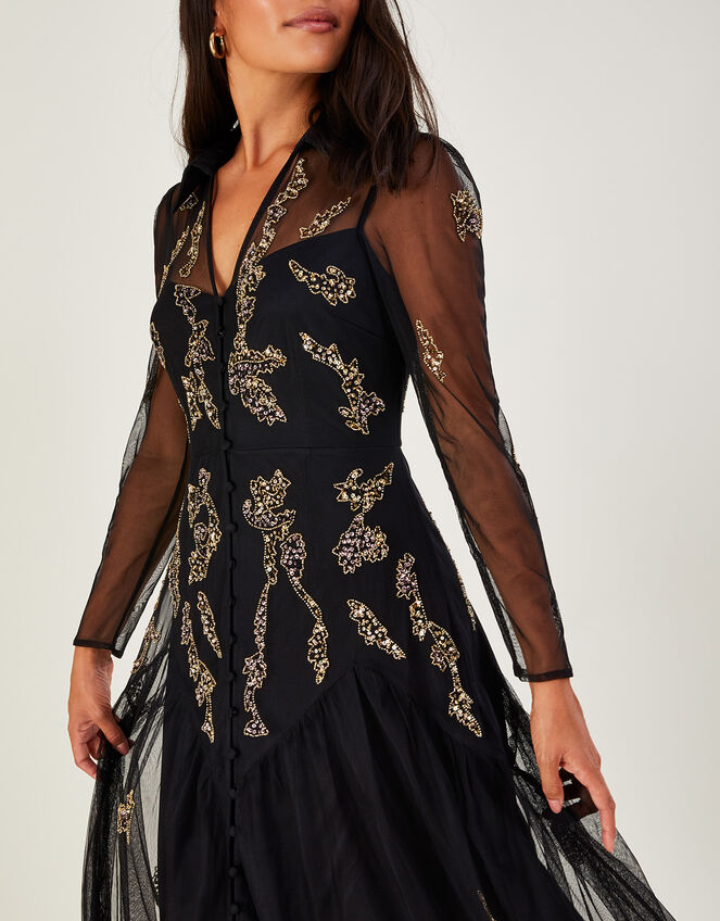 Gina Embellished Shirt Dress in Recycled Polyester, Black (BLACK), large