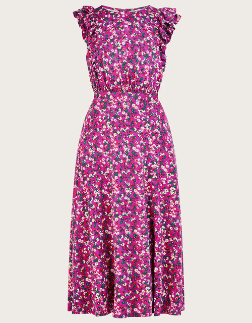 Frill Sleeveless Ditsy Floral Midi Dress, Purple (PURPLE), large