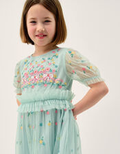 Puff Sleeve Floral Mesh Dress, Blue (BLUE), large