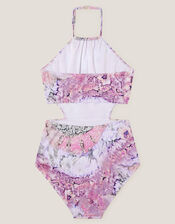 Marble Print Cut-Out Swimsuit, Pink (PINK), large