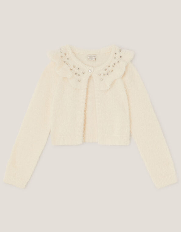 Embellished Collar Fuzzy Cardigan, Ivory (IVORY), large