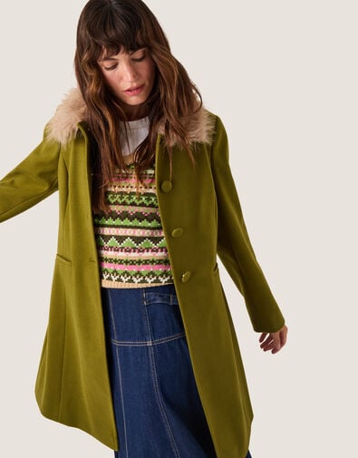 Beatrice Faux Fur Collar Coat, Green (GREEN), large