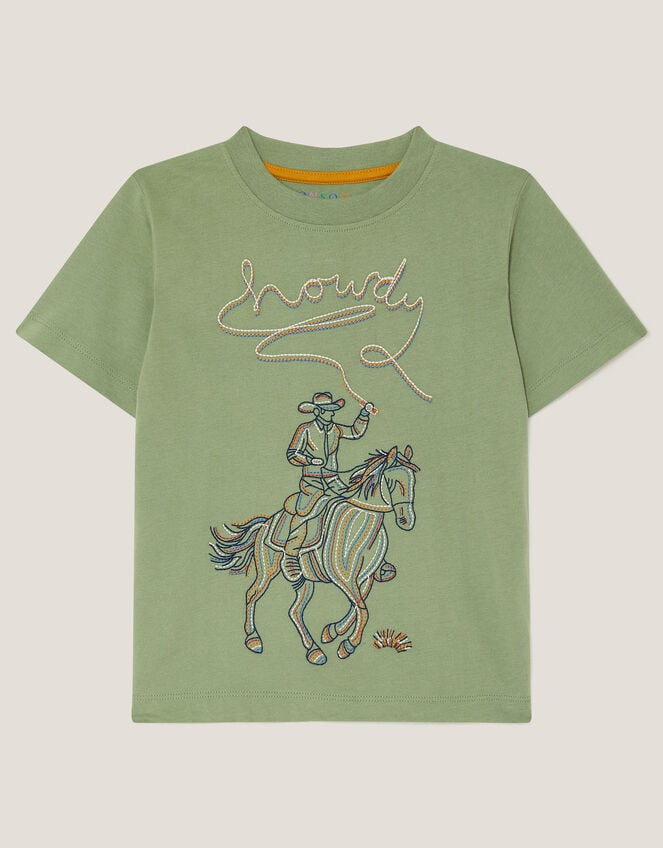 Howdy Cowboy Embroidered T-Shirt, Green (KHAKI), large