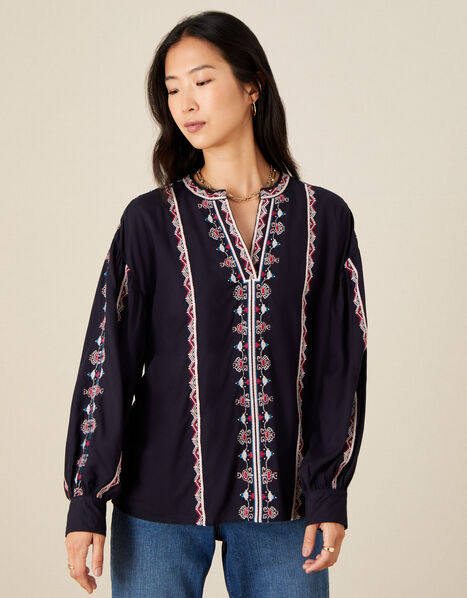 Stripe Embroidered Blouse in LENZING™ ECOVERO™ Blue, Blue (NAVY), large