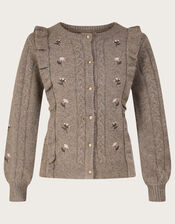 Embroidered Ruffle Cardigan with Recycled Polyester, Camel (OATMEAL), large