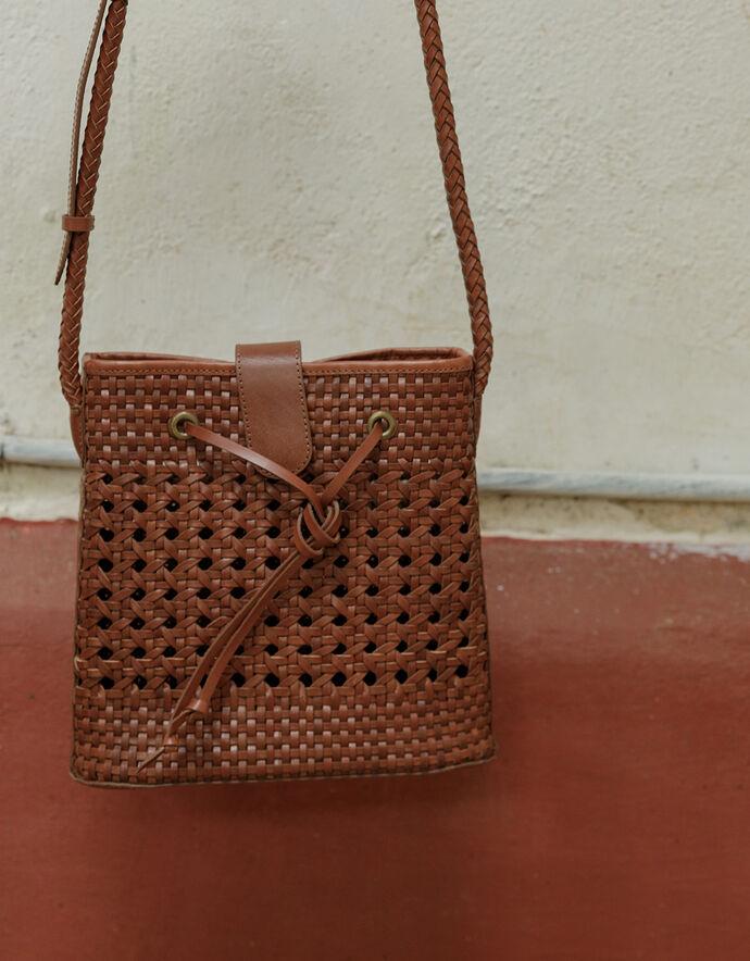 Woven Leather Chocolate Crossbody Bag main image 1