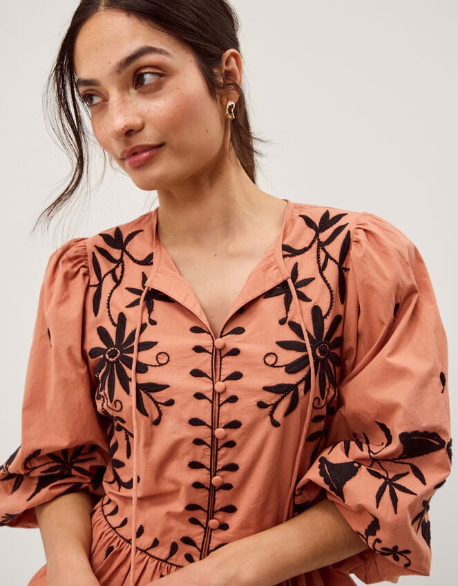 Freya Puff Sleeve Embroidered Top, Orange (PEACH), large