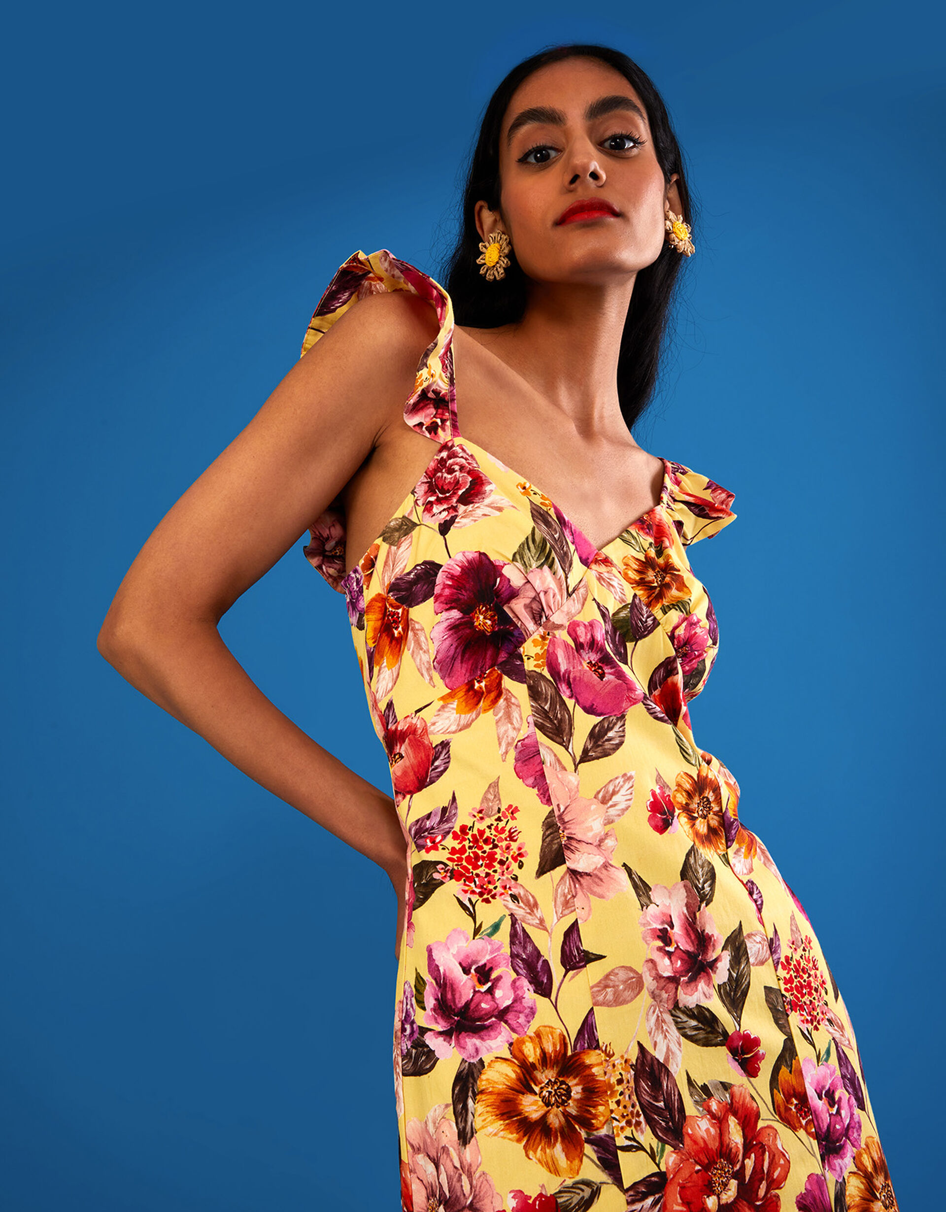 Bethany Floral Midi Dress in Sustainable Cotton Yellow