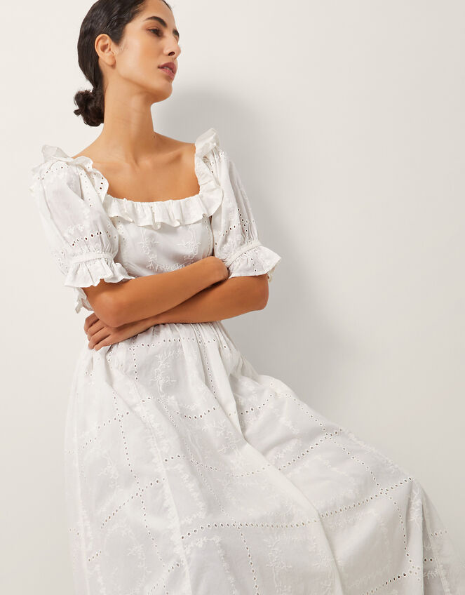 The India Edit Matilda Puff Sleeve Broderie Midi Dress, White (WHITE), large