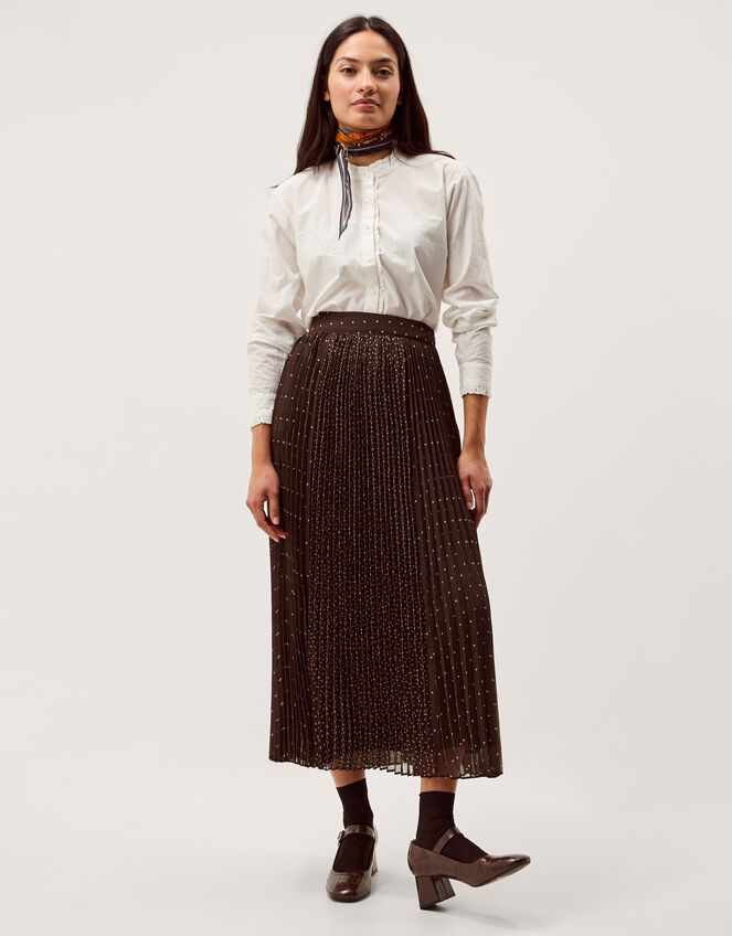 Demi Polka Dot Pleated Midi Skirt Brown