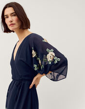 Clara Floral Embellished Midi Wrap Dress, Blue (NAVY), large