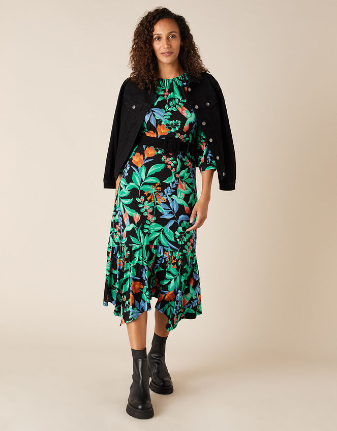 Leaf Print Hanky Hem Dress with LENZING™ ECOVERO™, Green (GREEN), large