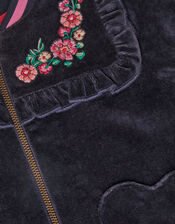 Embroidered Collar Velour Bomber Jacket, Blue (NAVY), large