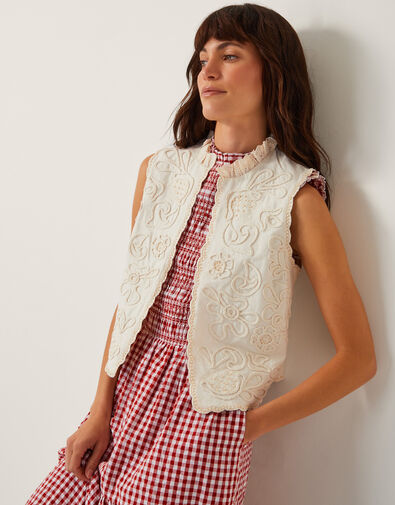 Mali Floral Embroidered Waistcoat, White (WHITE), large