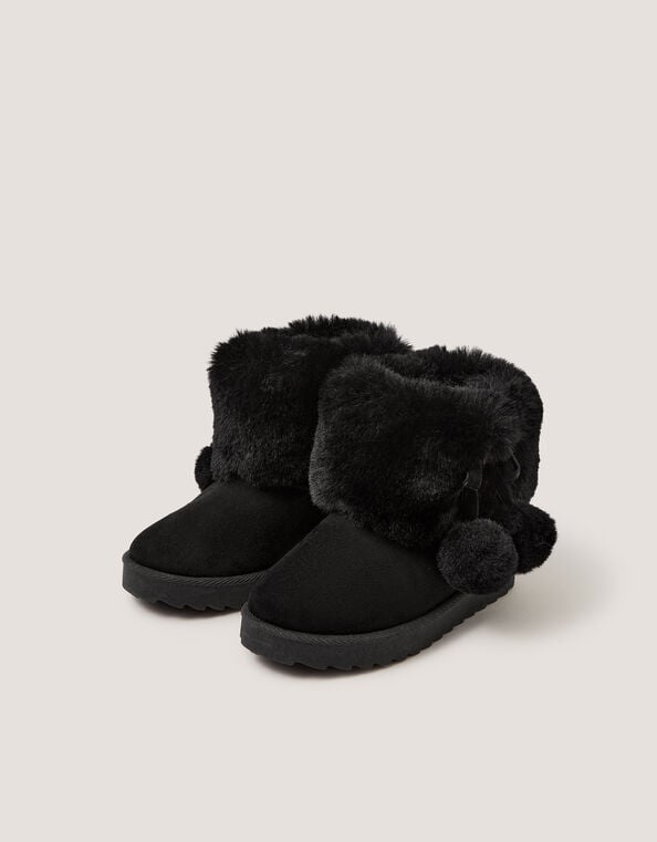 Fluffy Pom Ankle Boots, Black (BLACK), large