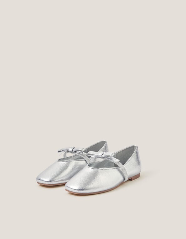 Bow Strap Metallic Ballet Flats, Silver (SILVER), large