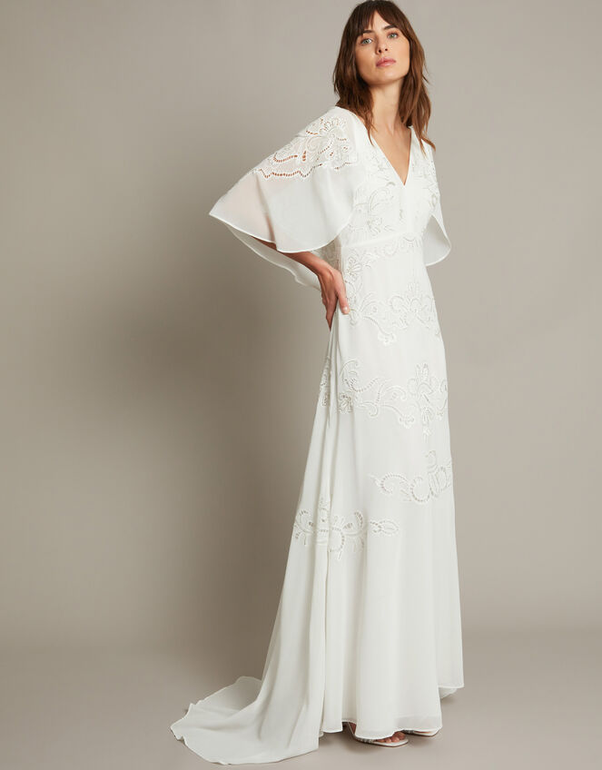 Cali Embellished Cape Sleeve Wedding Dress, Ivory (IVORY), large