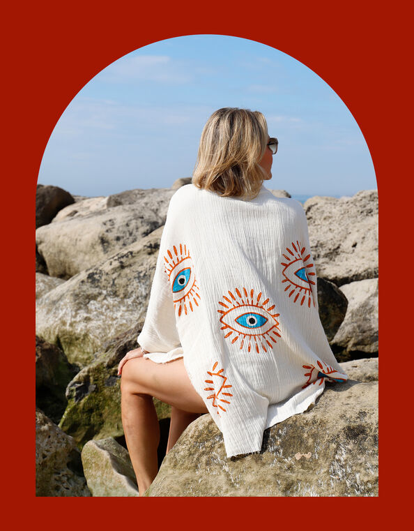 Meraki Beach Eye Print Beach Shirt, Orange (ORANGE), large