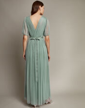 Ellie Sheer Sleeve Plunge Tulle Maxi Dress, Green (SAGE), large