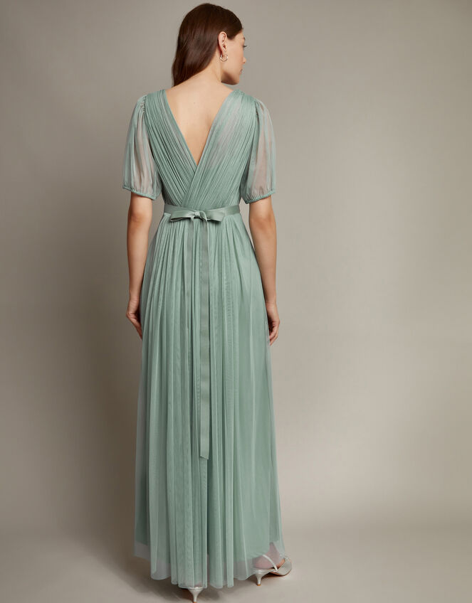 Ellie Sheer Sleeve Plunge Tulle Maxi Dress, Green (SAGE), large