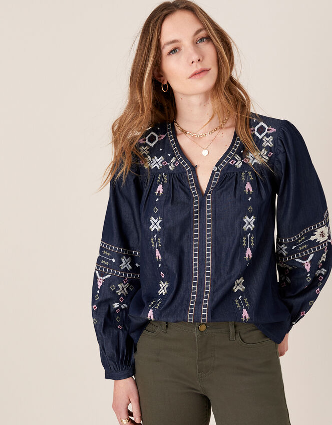 Boho Embroidered Blouse in Pure Cotton, Blue (DENIM BLUE), large