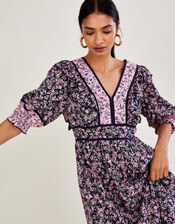 V Neck Blossom Print Dolly Dress, Purple (PURPLE), large