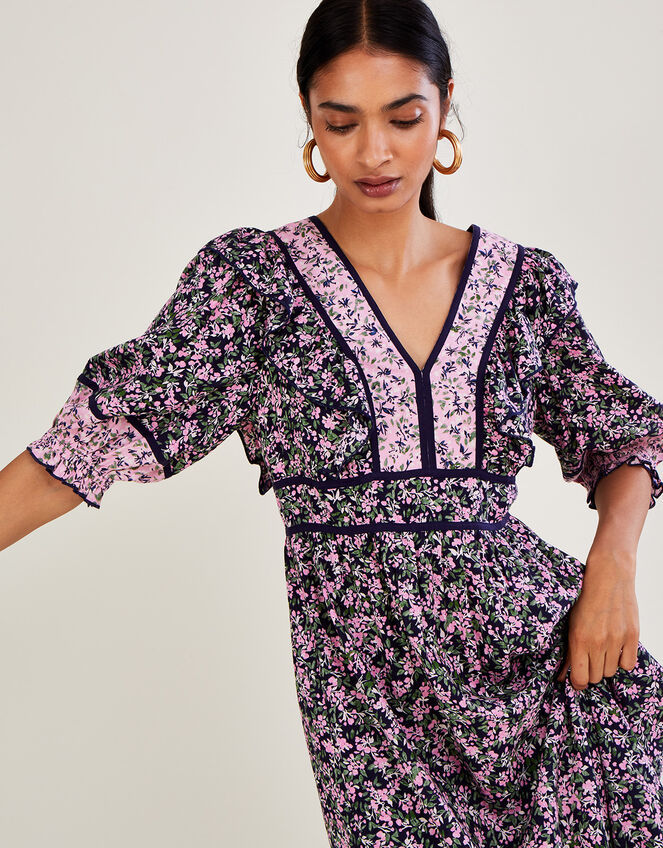 V Neck Blossom Print Dolly Dress, Purple (PURPLE), large