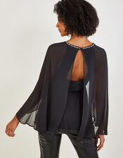 Mindy Embellished Cape Sleeve Top in Recycled Polyester, Black (BLACK), large