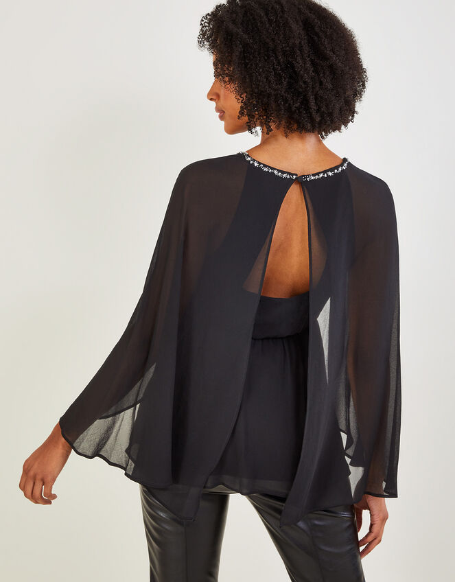 Mindy Embellished Cape Sleeve Top in Recycled Polyester, Black (BLACK), large