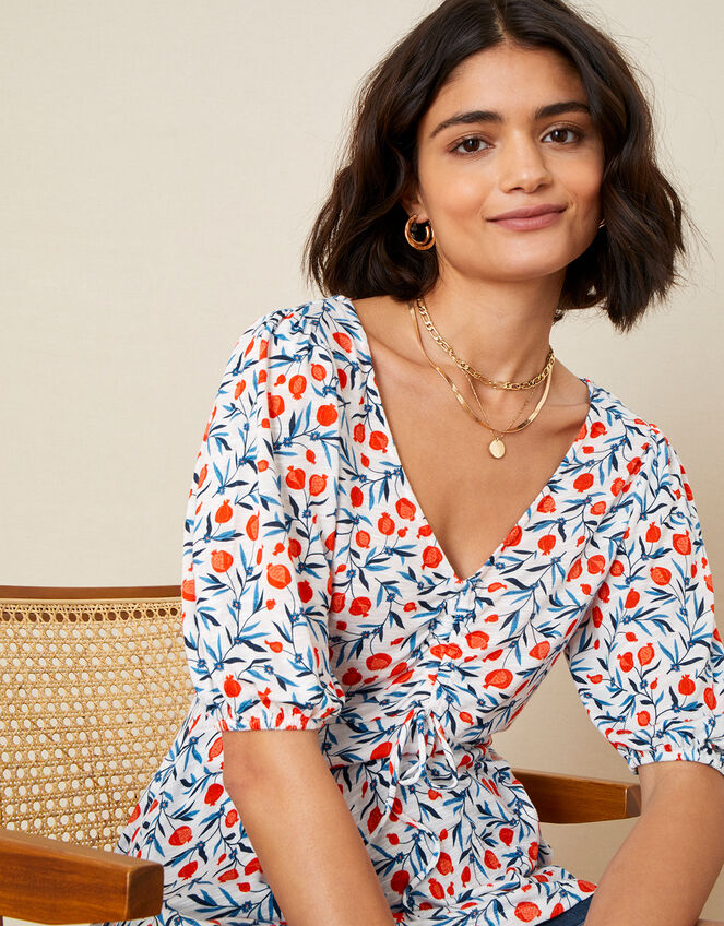 Poppy Pomegrante Print Jersey Top, Ivory (IVORY), large
