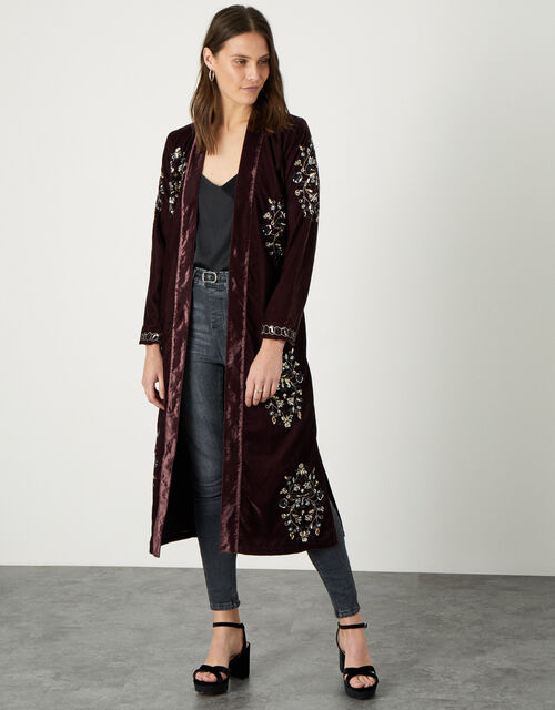 Cleo Velvet Embroidered Kimono Brown Women's Jackets Monsoon UK.